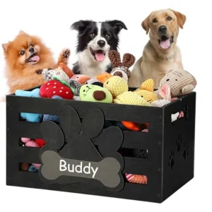 Large Dog Toy Basket Wood Dog Toy Bin Storage Baskets Box with Handles and Label Position Design Large Organizer with Paw Patte