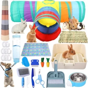 34 Pcs Rabbit Starter Kit Blue Small Animal Litter Box Water Bottle Stacking Cups Bunny Tunnels Grooming Kit Bowl Blanket Clean
