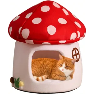 Soft Mushroom Cat Bed House with Cow Print, Semi-Enclosed Plush Cave Nest